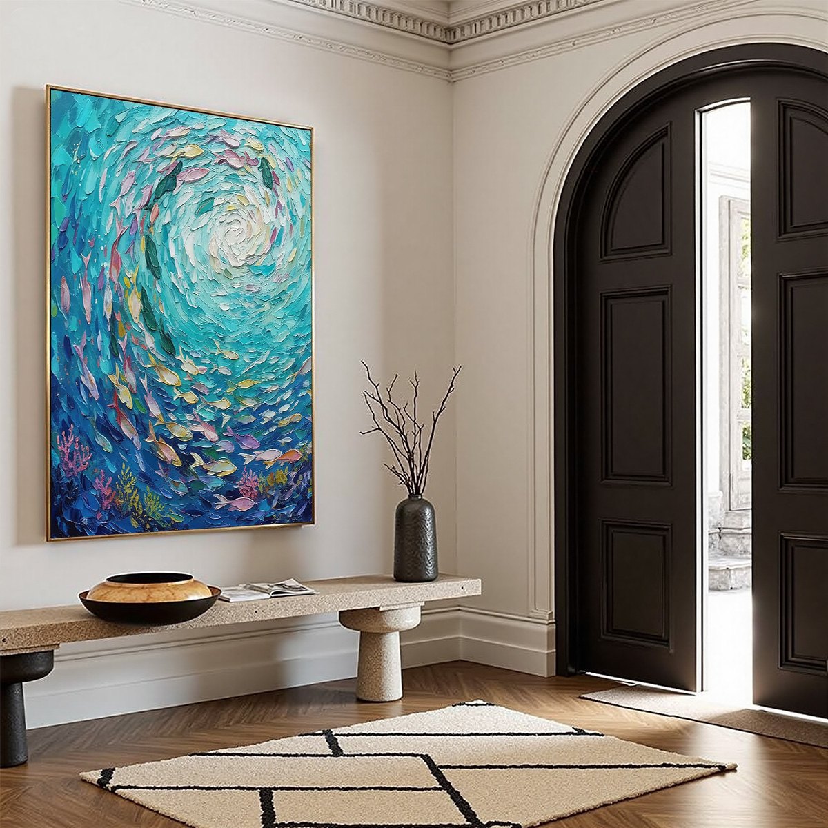 AZURE WHIRLPOOL: Textured Impasto Painting of a Vibrant Fish School