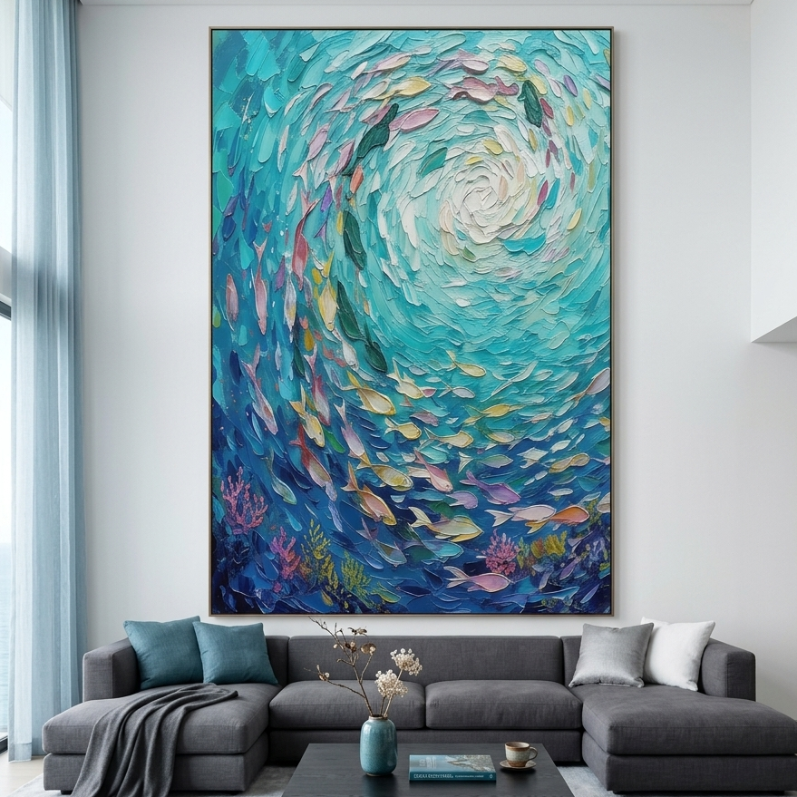 AZURE WHIRLPOOL: Impasto Swirling Turquoise Fish School Canvas