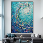 AZURE WHIRLPOOL: Impasto Swirling Turquoise Fish School Canvas