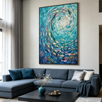 AZURE WHIRLPOOL: Impasto Swirling Turquoise Fish School Canvas