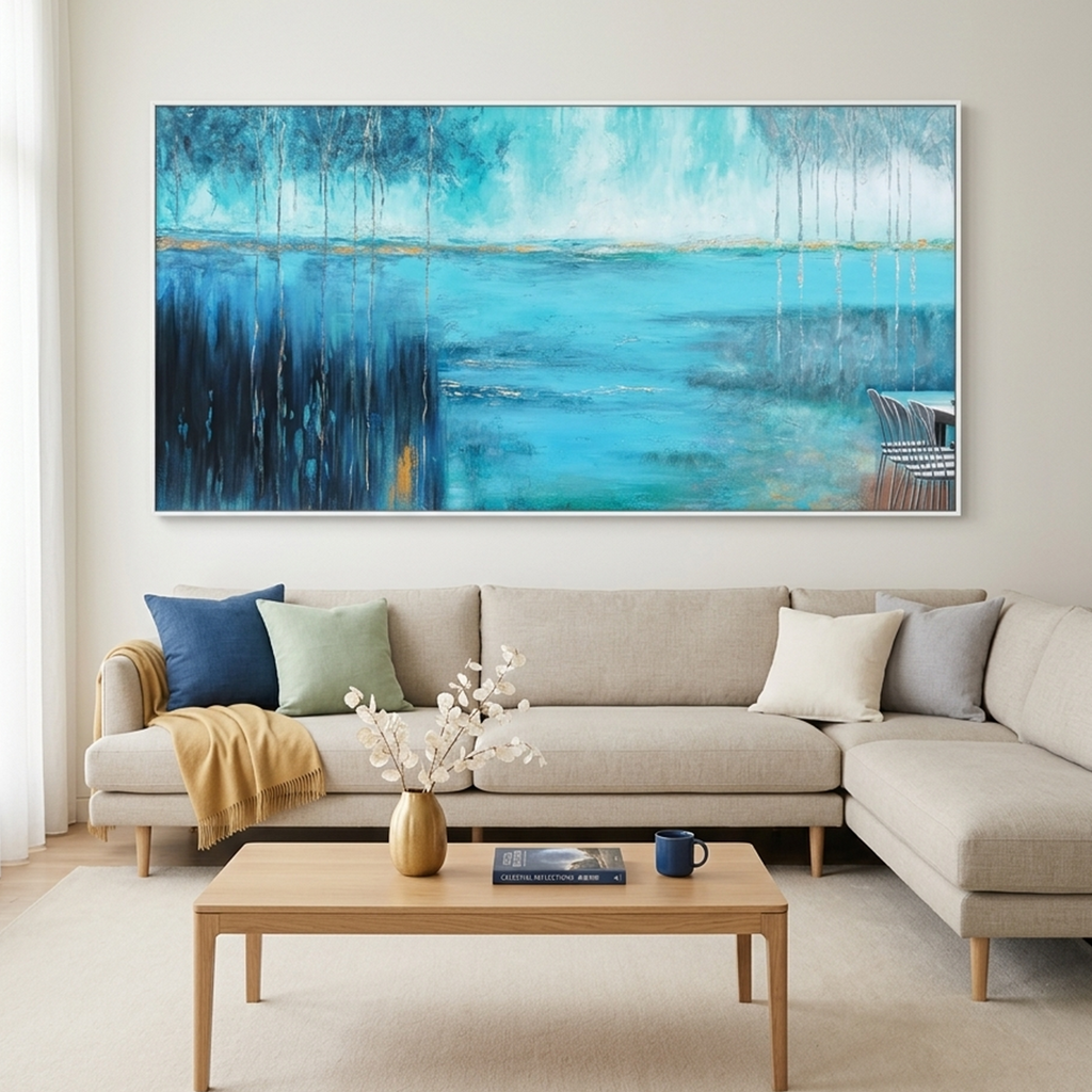 AZURE REFLECTIONS: Blue Green Gold Abstract Lake Landscape Oil Painting