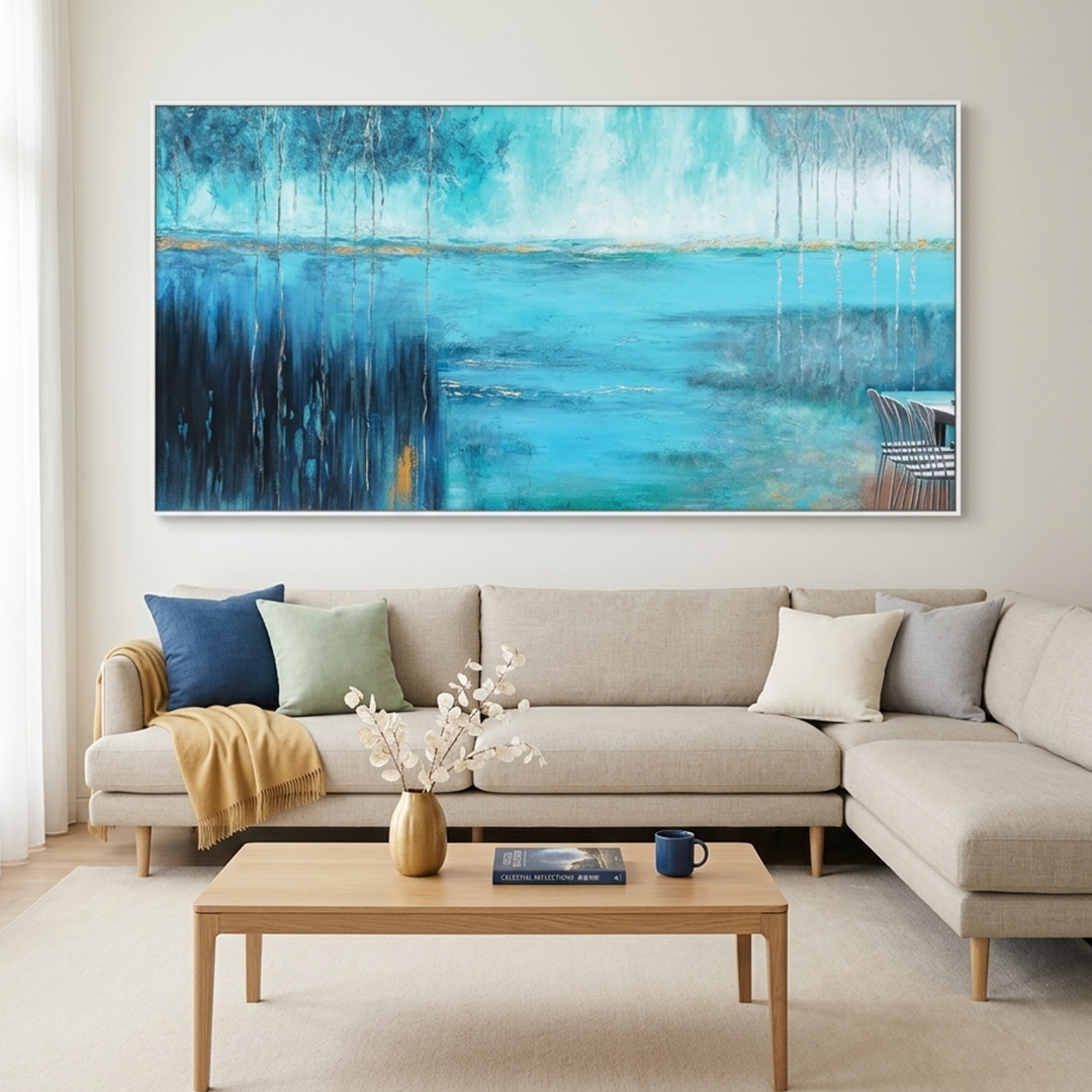 AZURE REFLECTIONS: Blue Green Gold Abstract Lake Landscape Oil Painting