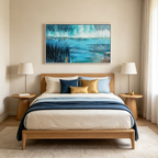 AZURE REFLECTIONS: Blue Green Gold Abstract Lake Landscape Oil Painting