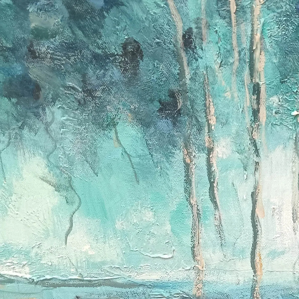 AZURE REFLECTIONS: Blue Green Gold Abstract Lake Landscape Oil Painting