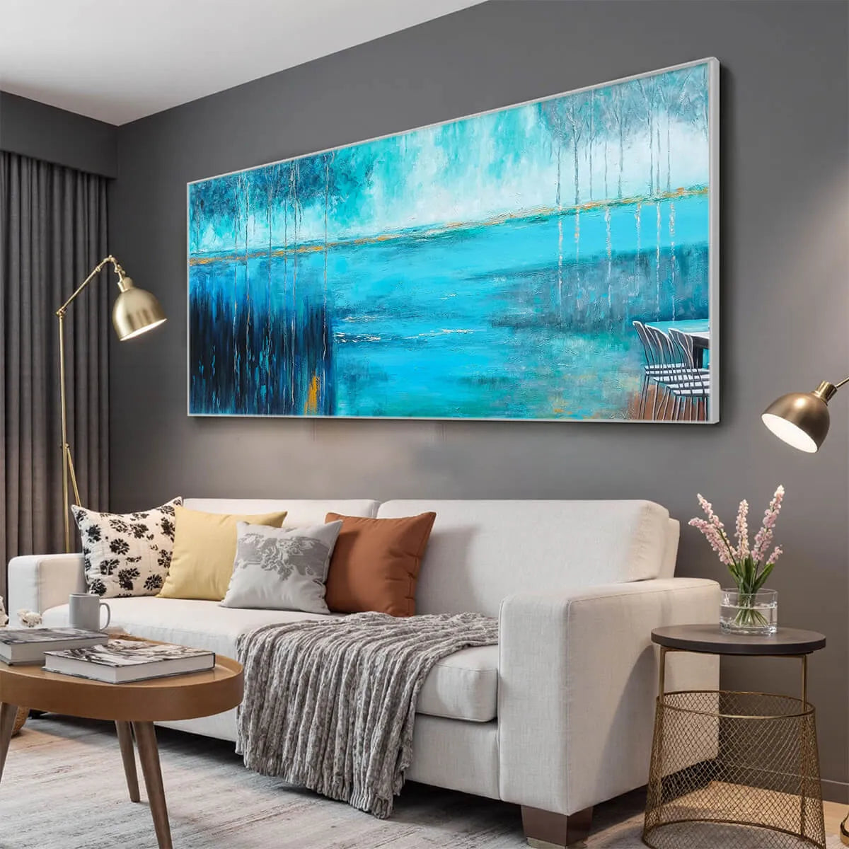 AZURE REFLECTIONS: Blue Green Gold Abstract Lake Landscape Oil Painting