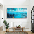 AZURE REFLECTIONS: Blue Green Gold Abstract Lake Landscape Oil Painting