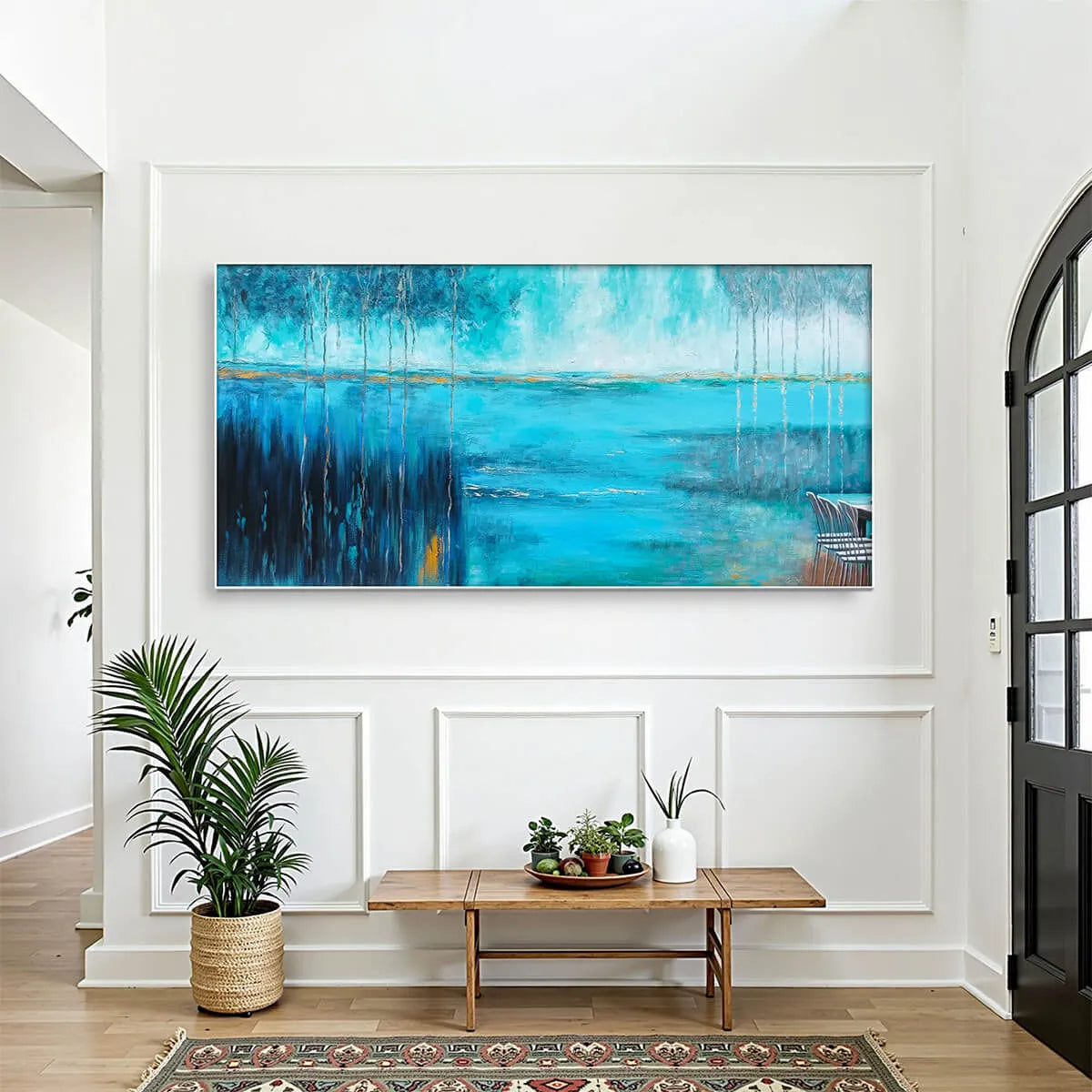 AZURE REFLECTIONS: Blue Green Gold Abstract Lake Landscape Oil Painting