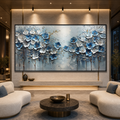 AZURE BLOSSOMS: Cool Blue Floral Gold Accents Textured Canvas