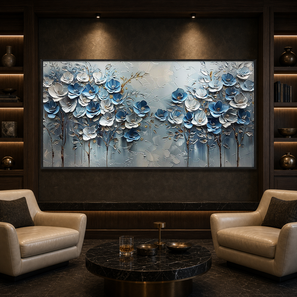 AZURE BLOSSOMS: Cool Blue Floral Gold Accents Textured Canvas