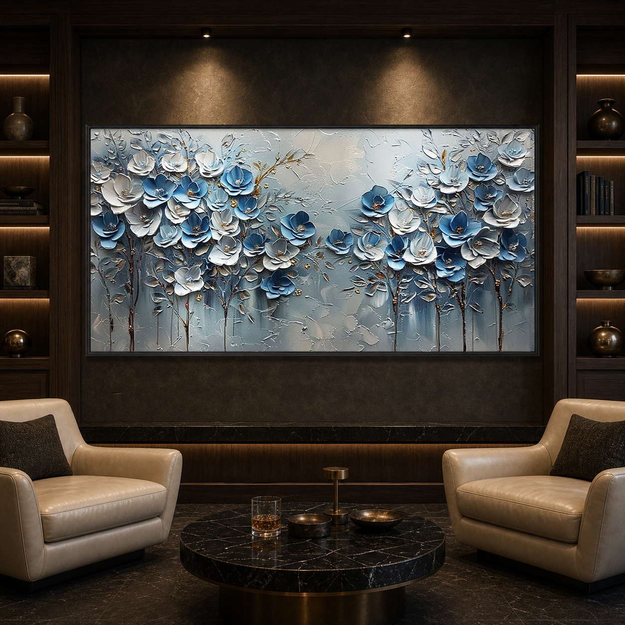 AZURE BLOSSOMS: Cool Blue Floral Gold Accents Textured Canvas