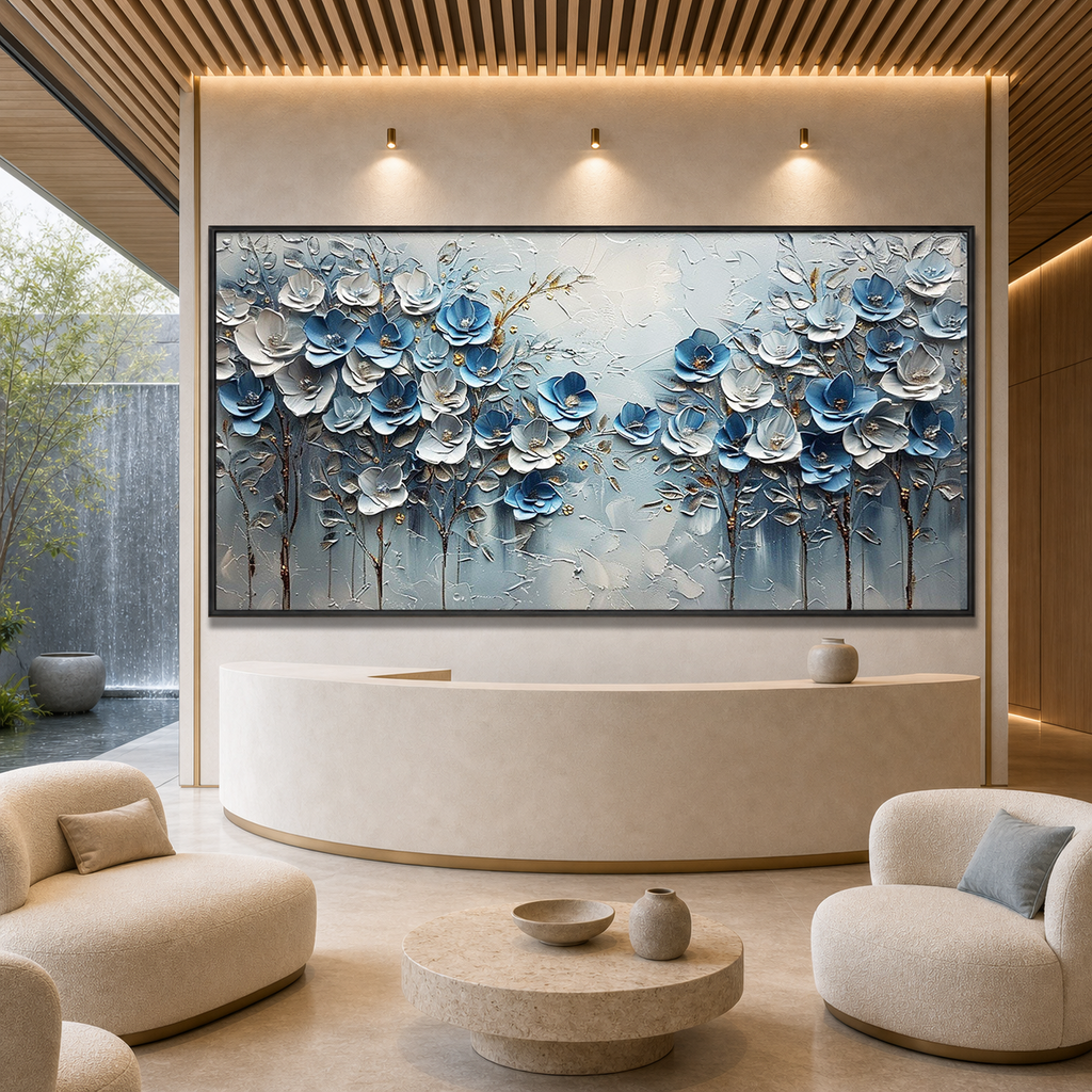 AZURE BLOSSOMS: Cool Blue Floral Gold Accents Textured Canvas