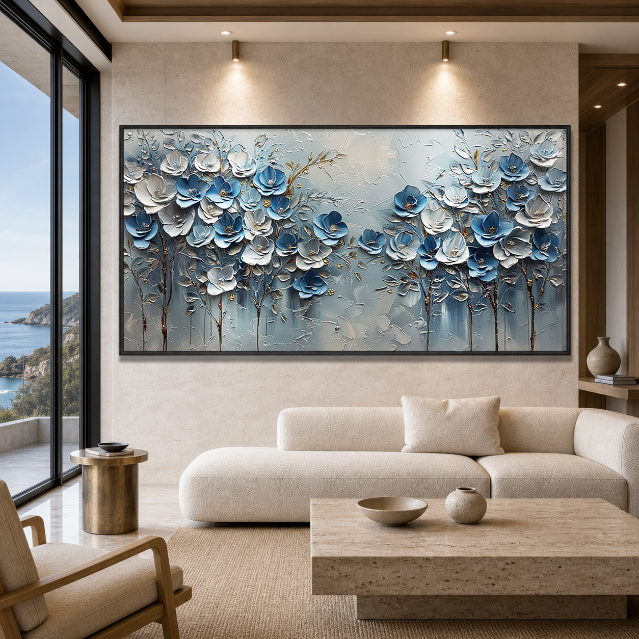AZURE BLOSSOMS: Cool Blue Floral Gold Accents Textured Canvas