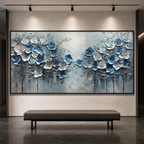 AZURE BLOSSOMS: Cool Blue Floral Gold Accents Textured Canvas