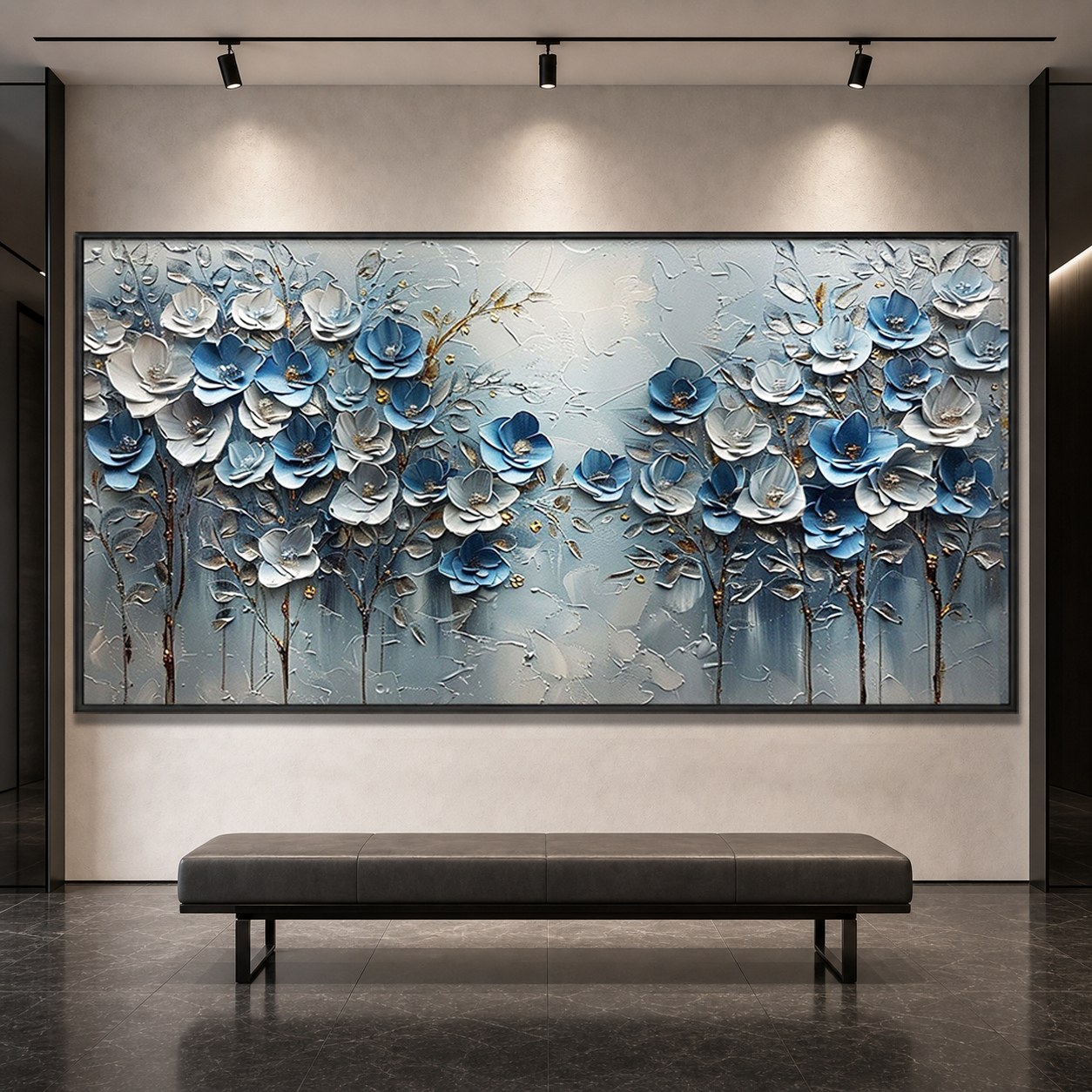 AZURE BLOSSOMS: Cool Blue Floral Gold Accents Textured Canvas