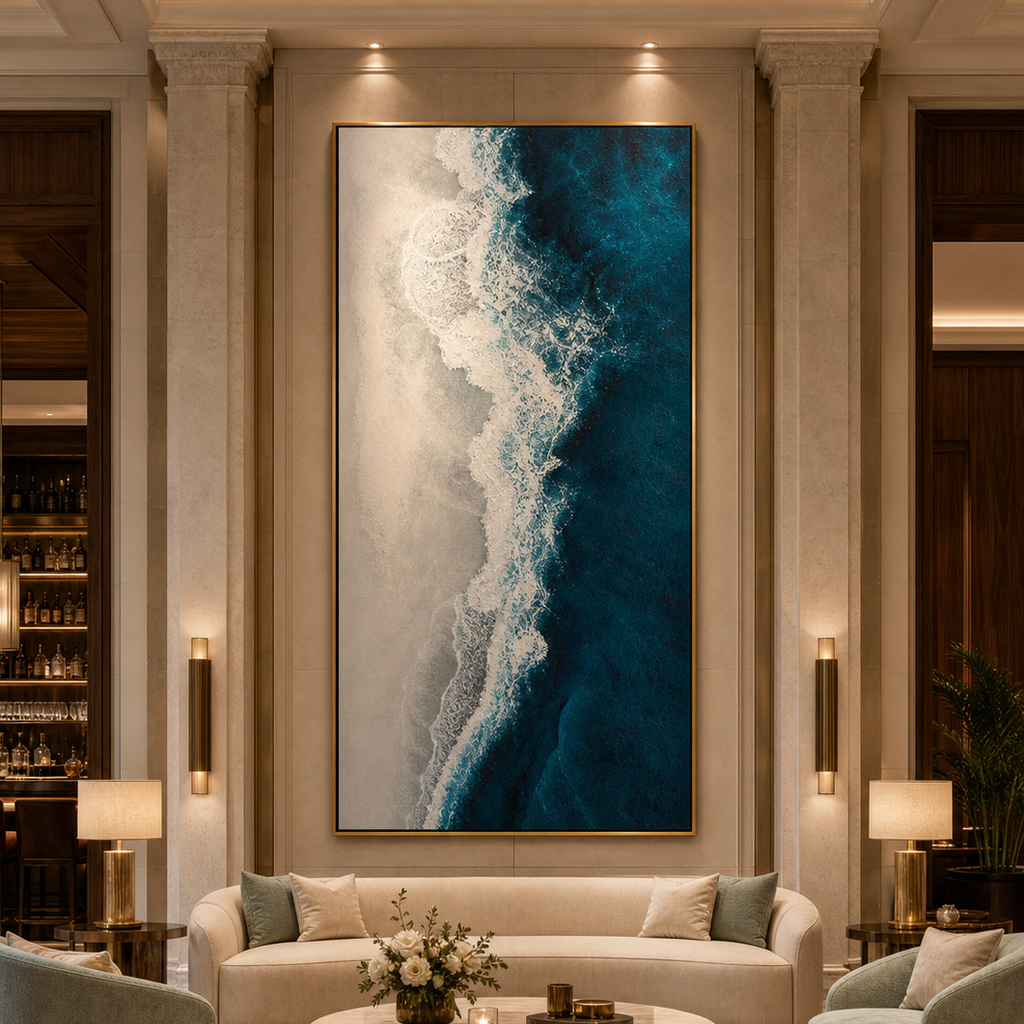 AZURE COAST: Blue Beige Crashing Waves Wabi Sabi Canvas