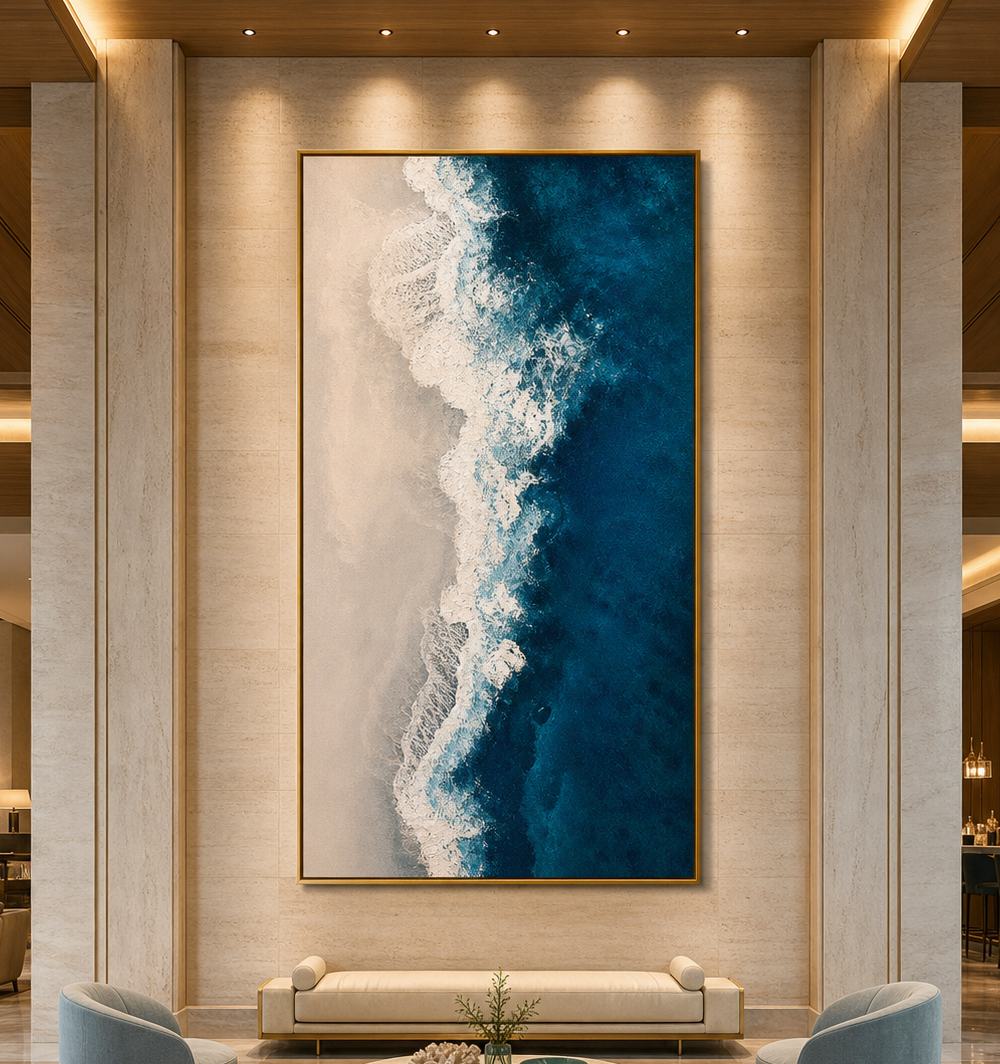 AZURE COAST: Blue Beige Crashing Waves Wabi Sabi Canvas