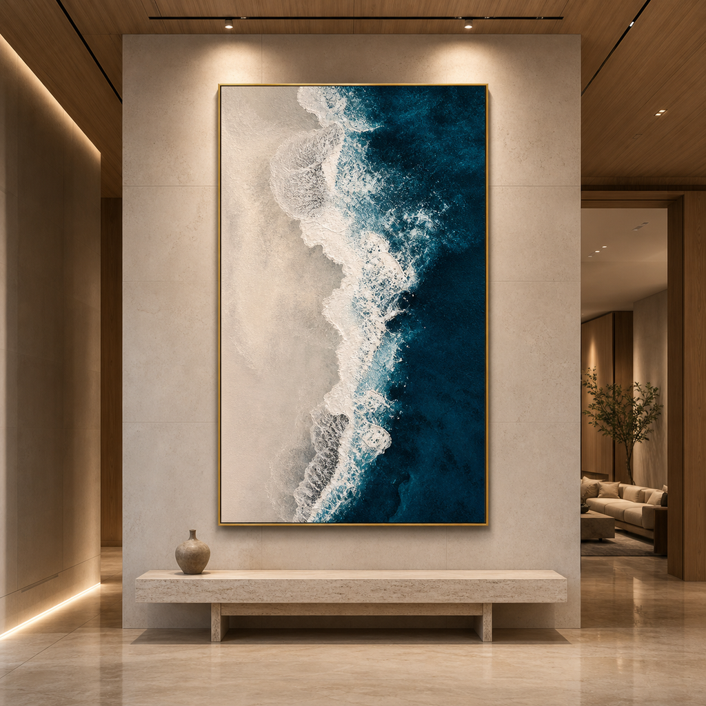 AZURE COAST: Blue Beige Crashing Waves Wabi Sabi Canvas