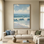 AZURE CREST: Textured Impasto Rolling Waves White Clouds Canvas