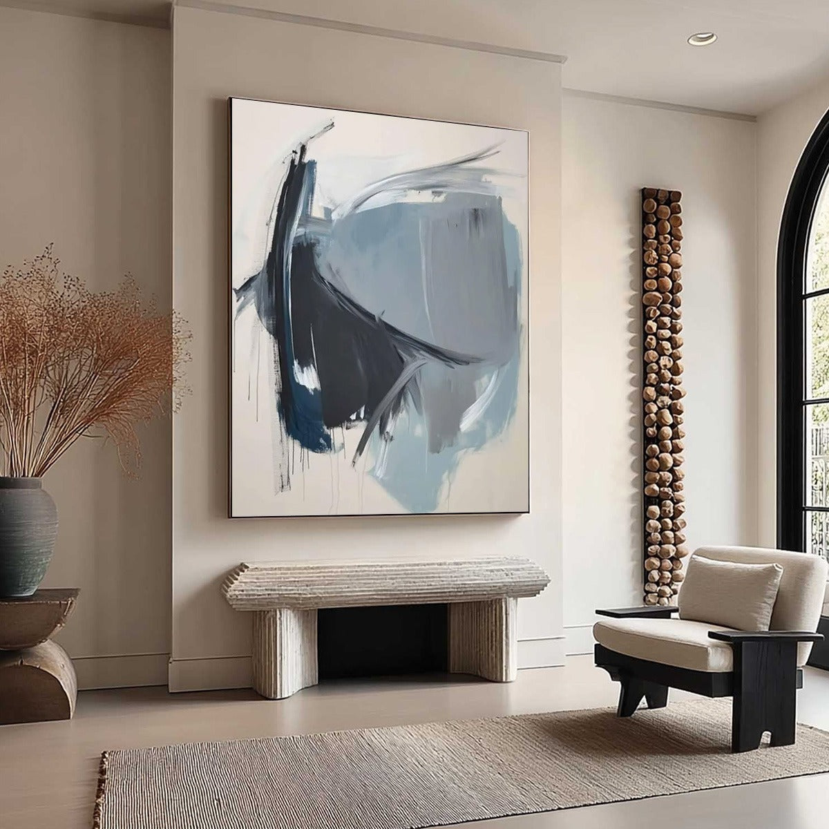 AZURE DEPTHS: Blue And Grey Abstract Minimalist Oil Painting