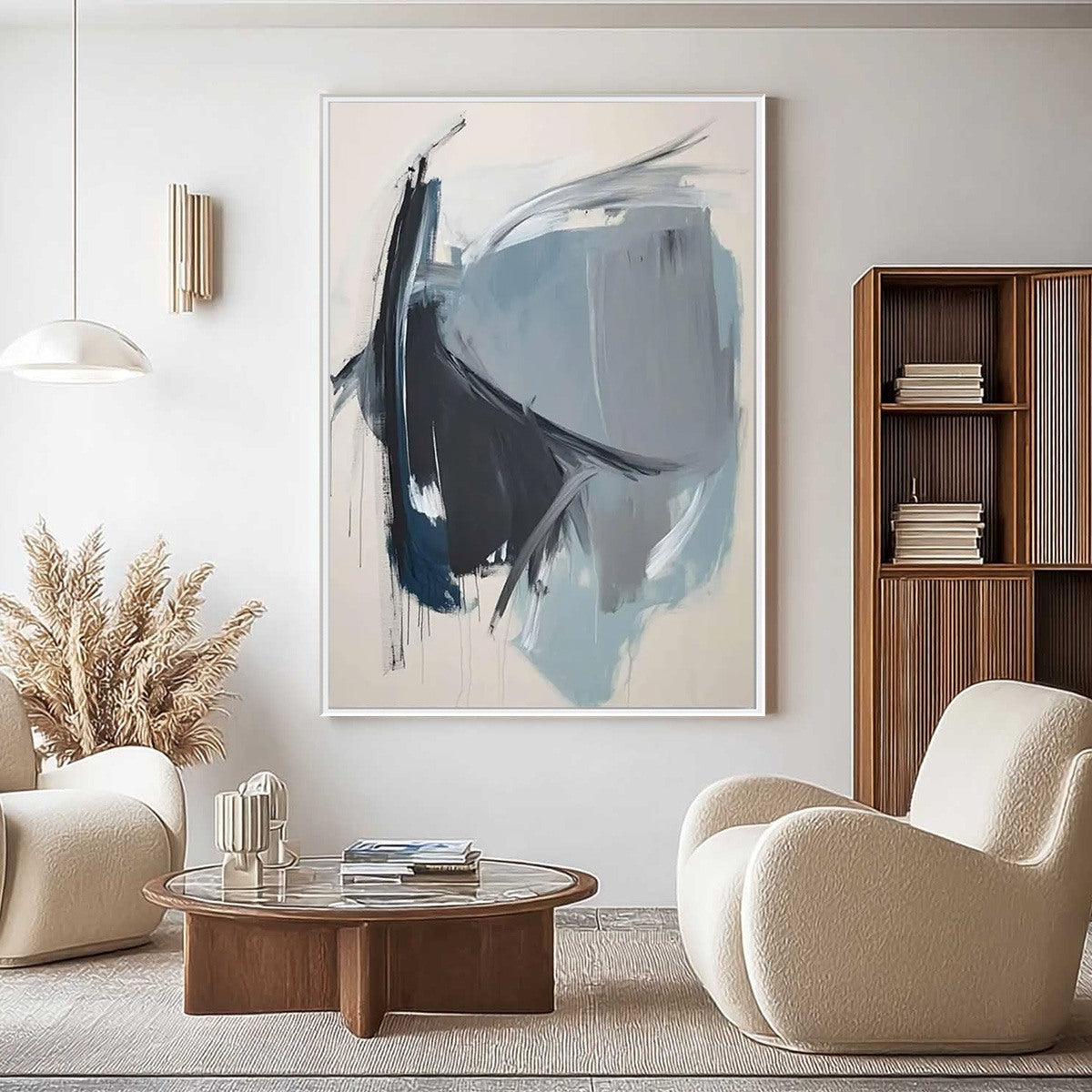AZURE DEPTHS Abstract Minimalist Blue and Grey Oil Painting