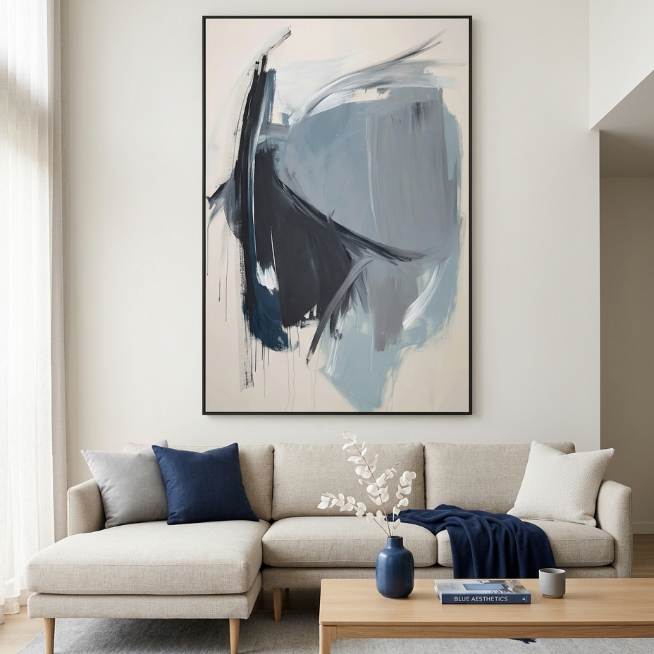 AZURE DEPTHS: Blue And Grey Abstract Minimalist Oil Painting