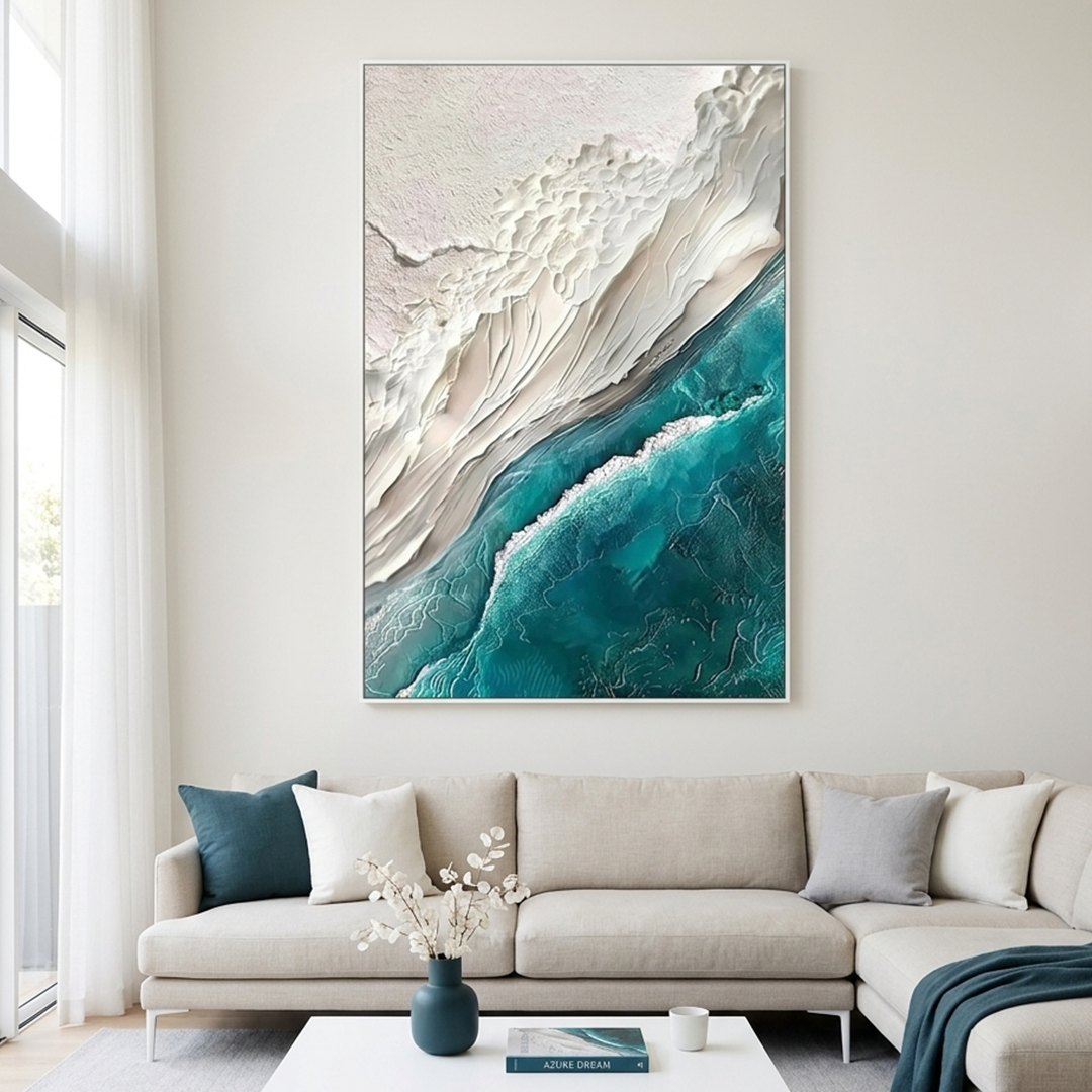 AZURE DREAM: Textured Teal White Abstract Seascape Coastal Canvas