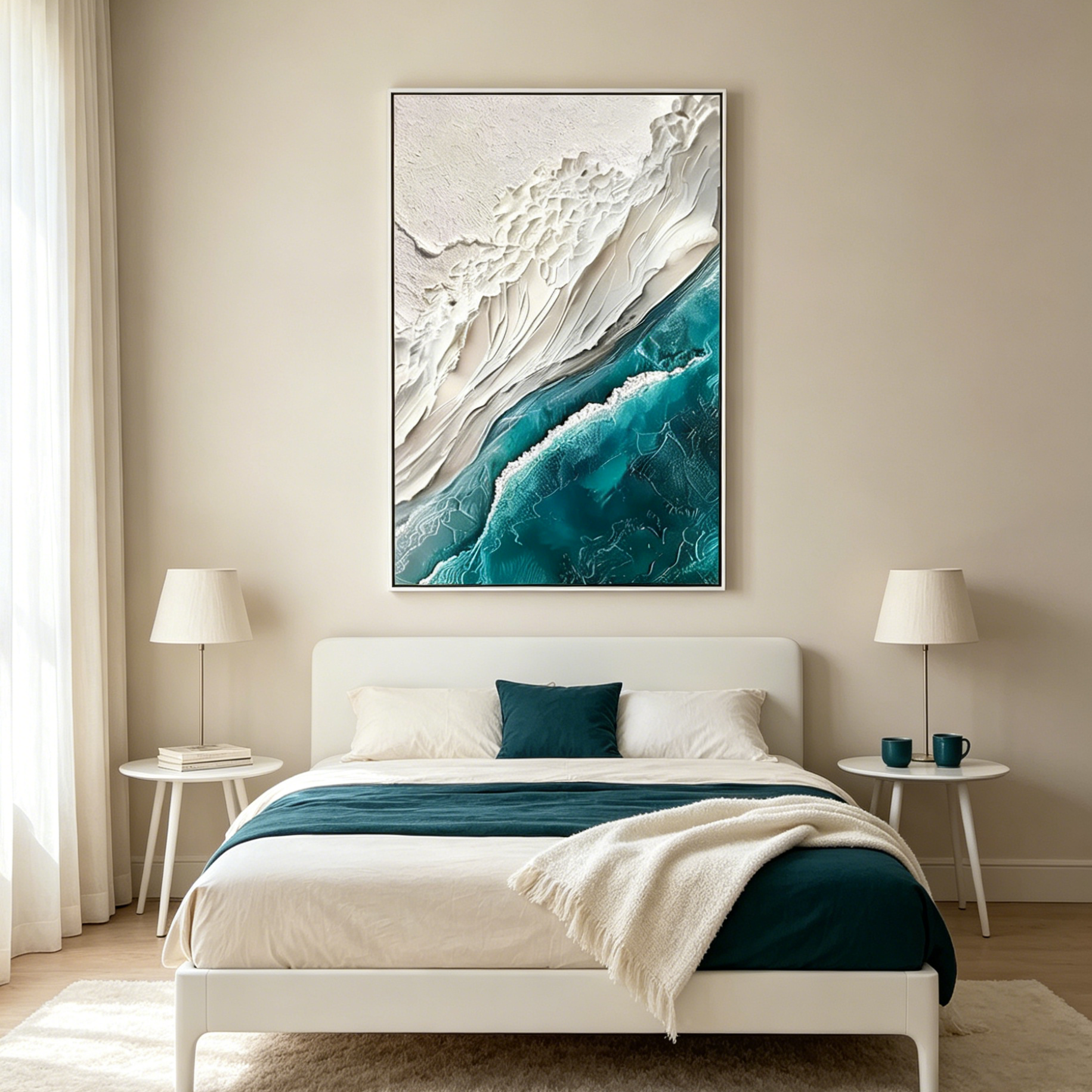 AZURE DREAM: Textured Teal White Abstract Seascape Coastal Canvas