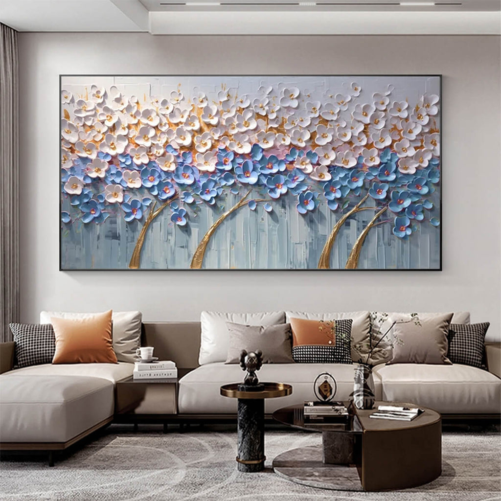 Azure Dream: Textured Floral Landscape Oil Painting Canvas Wall Art