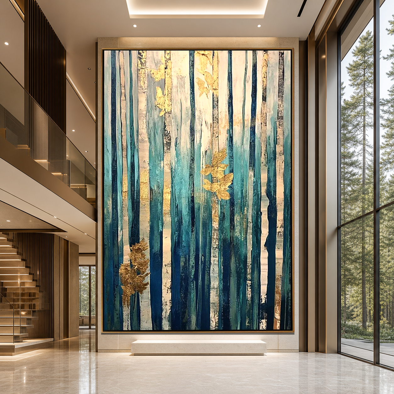 AZURE FOREST: Teal Blue Abstract Forest Gold Leaf Vertical Canvas