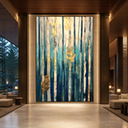 AZURE FOREST: Teal Blue Abstract Forest Gold Leaf Vertical Canvas