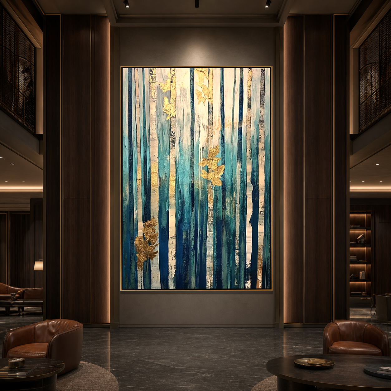 AZURE FOREST: Teal Blue Abstract Forest Gold Leaf Vertical Canvas