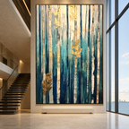 AZURE FOREST: Teal Blue Abstract Forest Gold Leaf Vertical Canvas