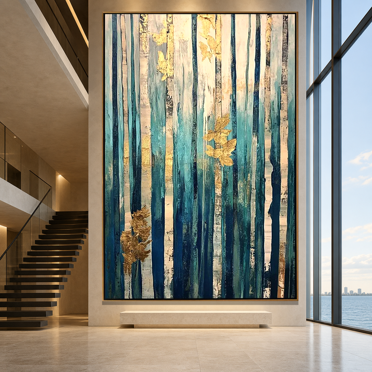 AZURE FOREST: Teal Blue Abstract Forest Gold Leaf Vertical Canvas