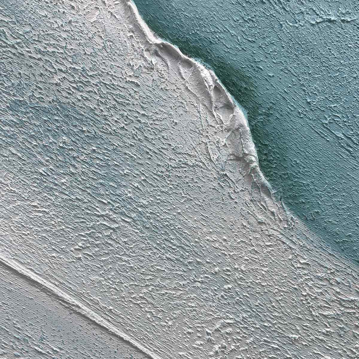 Textured abstract beach painting in blue and white, Azure Shores by Liam O'Connell, showcasing coastal charm and serenity.