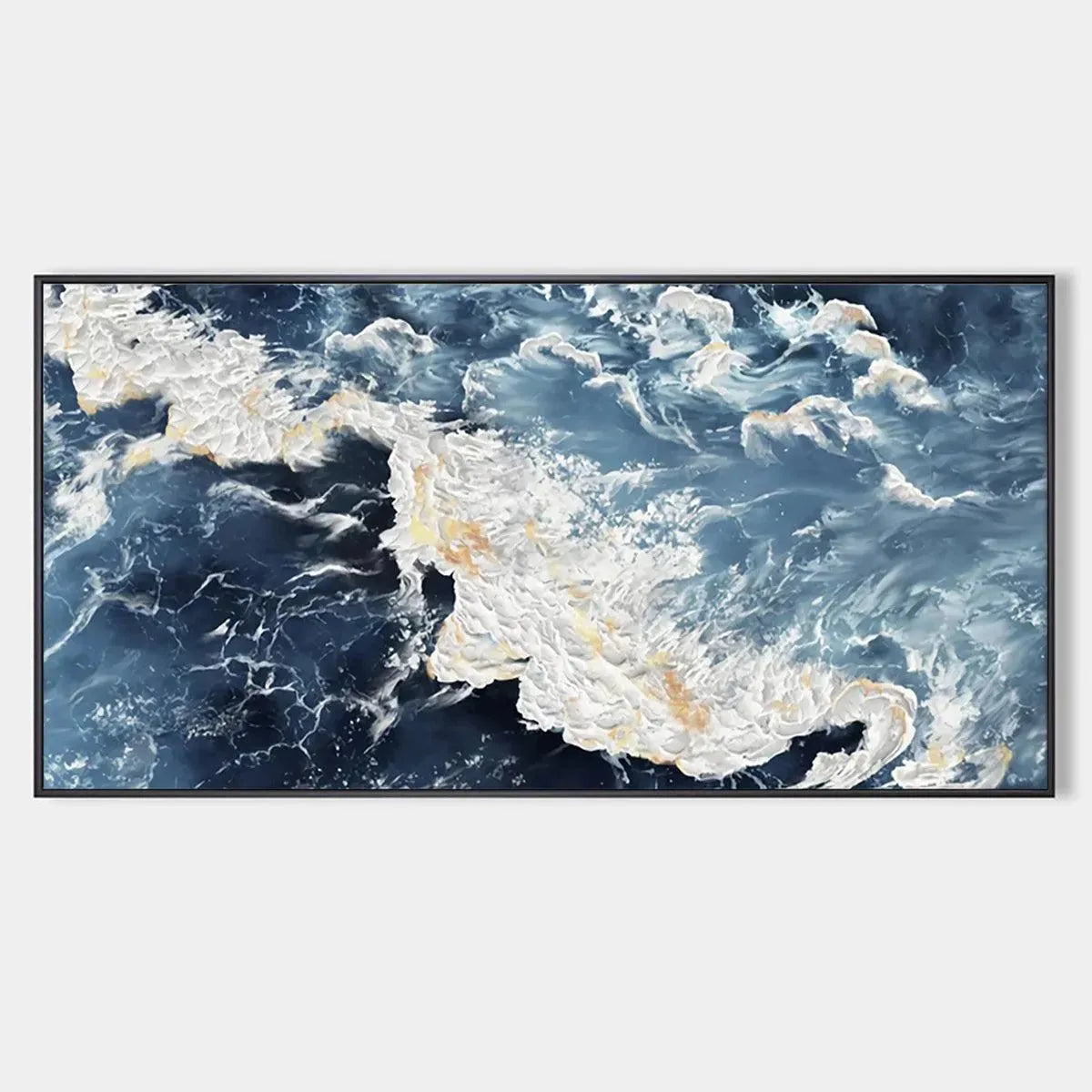 Panoramic abstract ocean painting "Azure Whispers" by Chen Liu, featuring blue waves with gold and white impasto texture.
