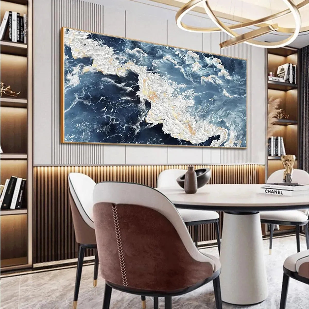 Panoramic abstract ocean painting "Azure Whispers" by Chen Liu, featuring blue waves with gold and white impasto texture.