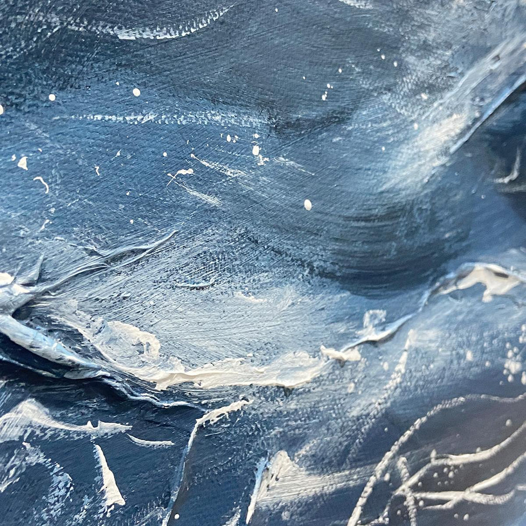 Panoramic abstract ocean painting "Azure Whispers" by Chen Liu, featuring blue waves with gold and white impasto texture.