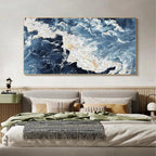 Panoramic abstract ocean painting "Azure Whispers" by Chen Liu, featuring blue waves with gold and white impasto texture.