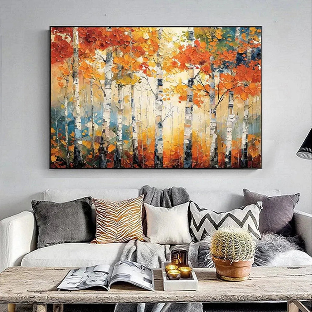 Autumn Aspen: Textured Forest Painting | Impasto Wall Art | Horizontal Canvas | Fall Decor