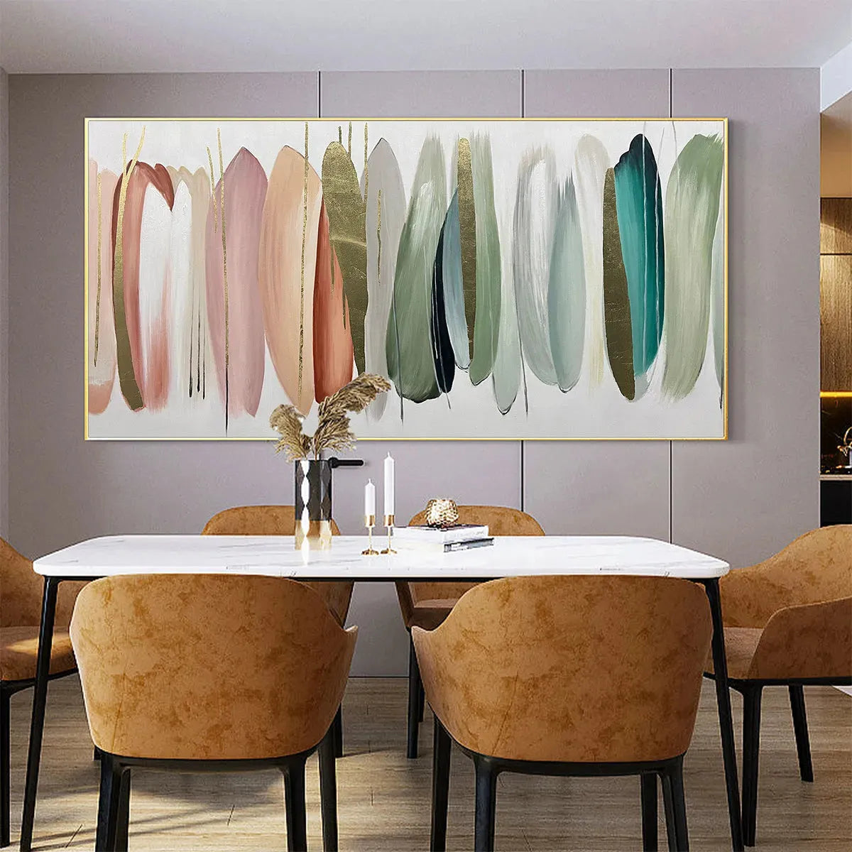Abstract Painting in Pink, Green, and Gold, Horizontal Canvas, Modern Wall Art