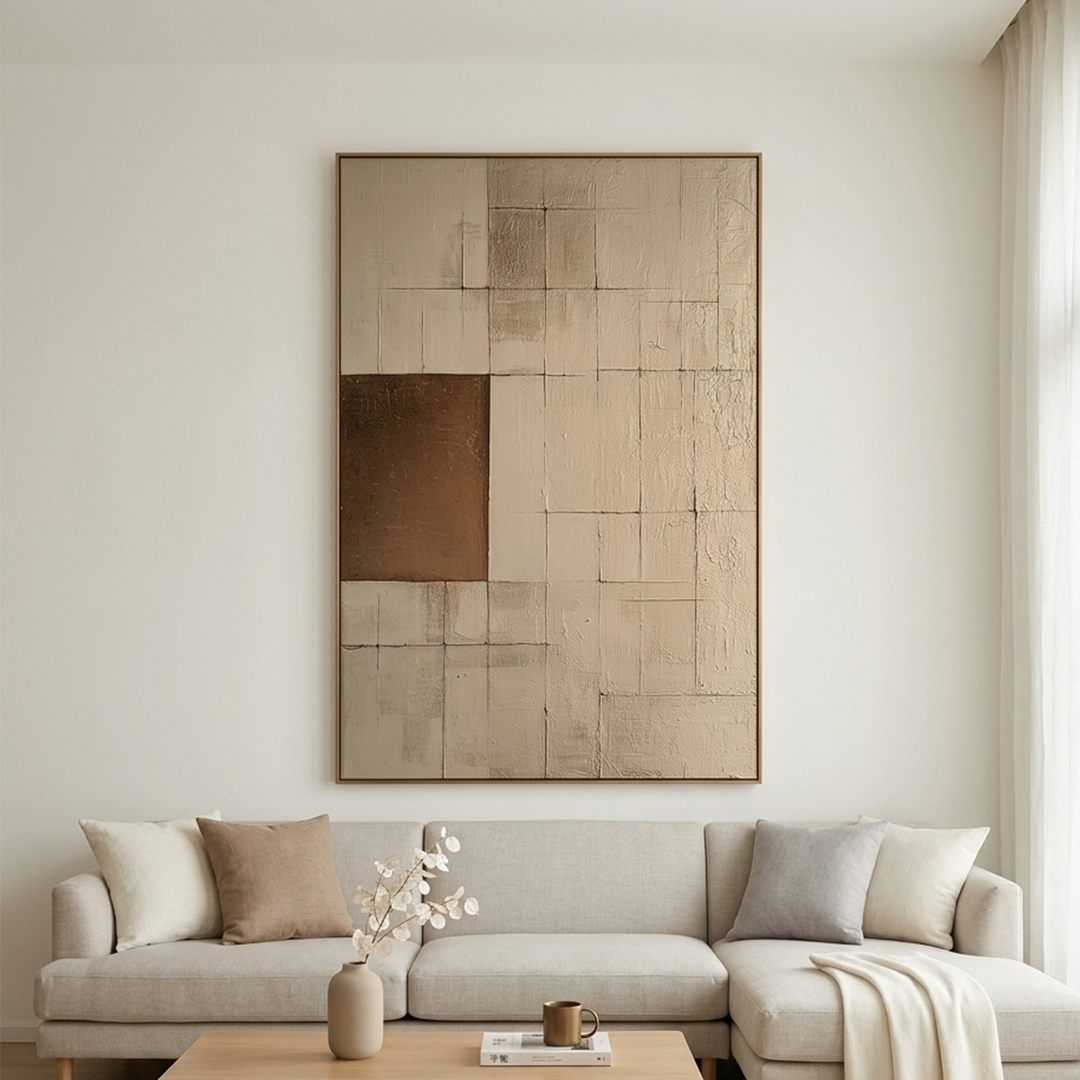 BALANCE: Beige Bronze Grid Blocks Minimalist Abstract Oil Painting