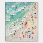 Textured impasto beach scene painting with colorful umbrellas and people. Vertical art by Isabella Rossi.