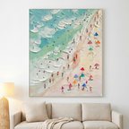 BEACH DAY: Impasto Crowded Beach Scene Canvas