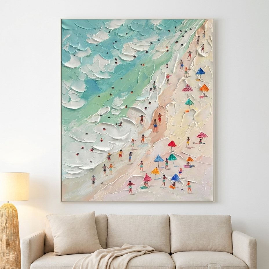 BEACH DAY: Impasto Crowded Beach Scene Canvas