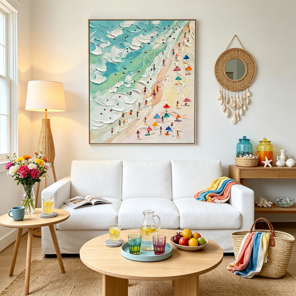 BEACH DAY: Impasto Crowded Beach Scene Canvas