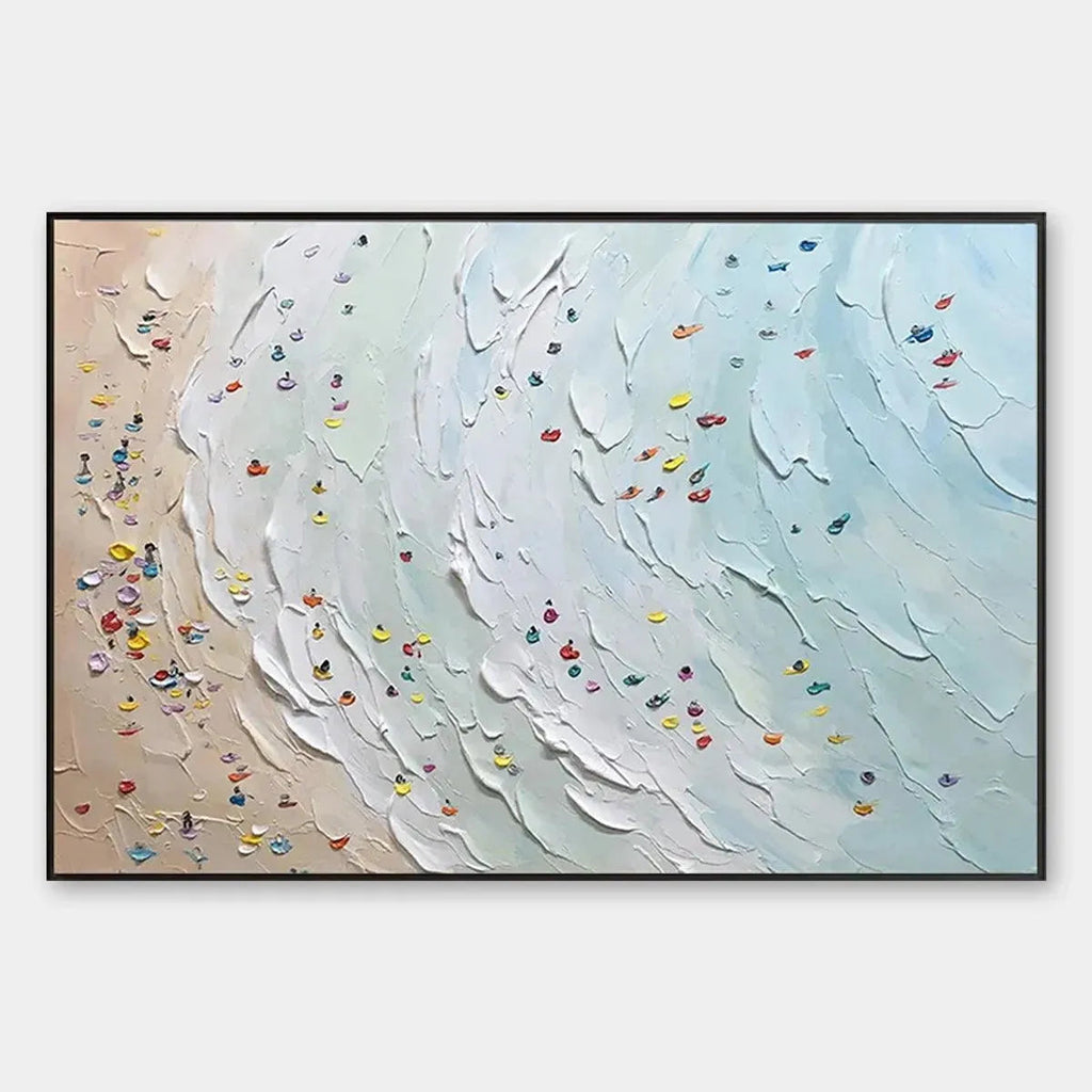 Javier Ramirez "Beach Day" textured minimalist beach scene painting with colorful umbrellas in a black frame.