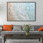 Javier Ramirez "Beach Day" textured minimalist beach scene painting with colorful umbrellas in a black frame.