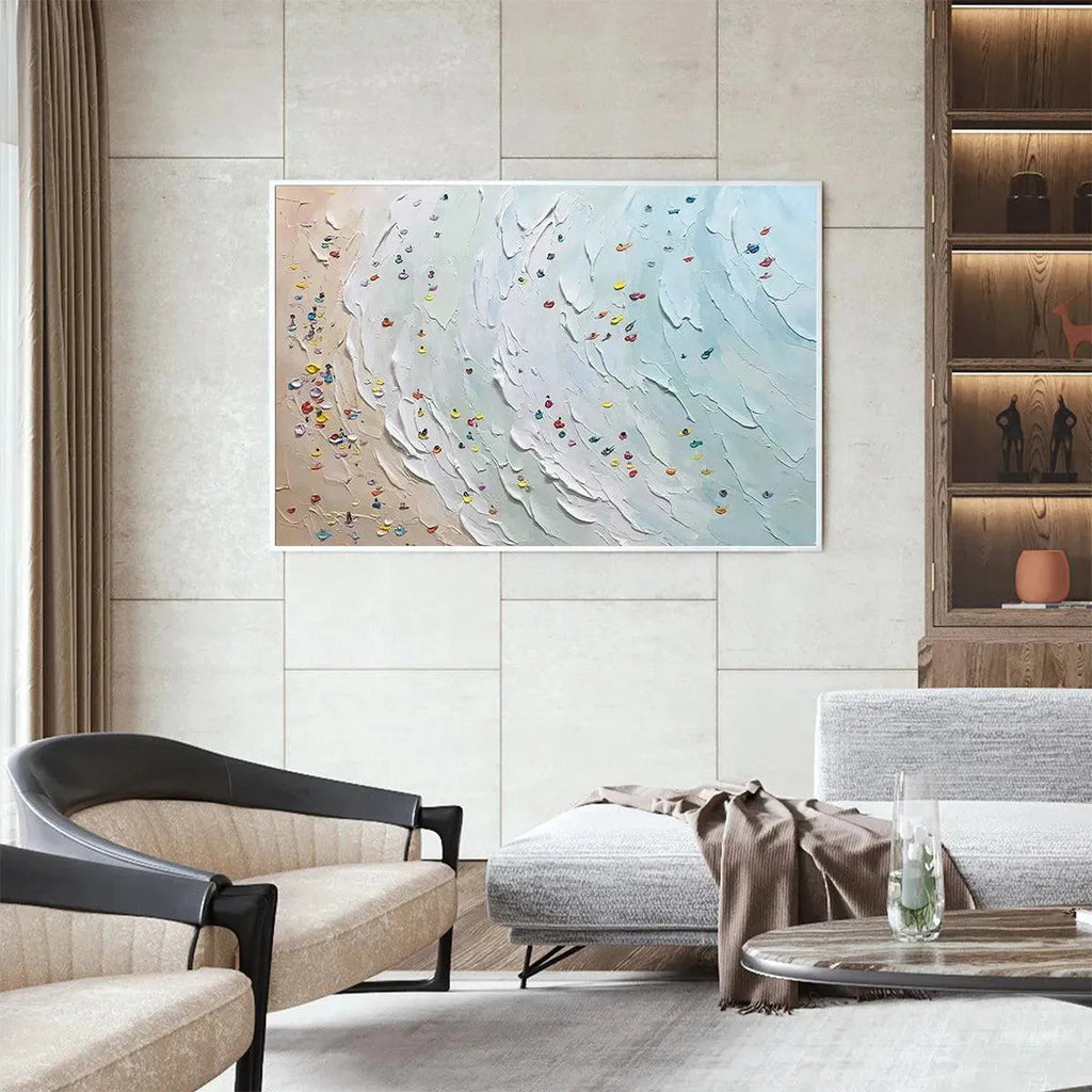 Javier Ramirez "Beach Day" textured minimalist beach scene painting with colorful umbrellas in a black frame.