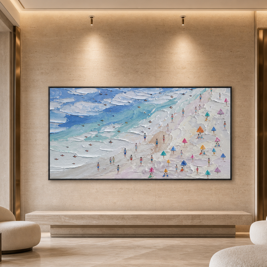 BEACH DAY VIBES: Colorful Umbrellas Figures Textured Canvas