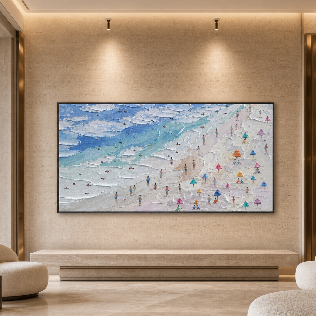 BEACH DAY VIBES: Colorful Umbrellas Figures Textured Canvas